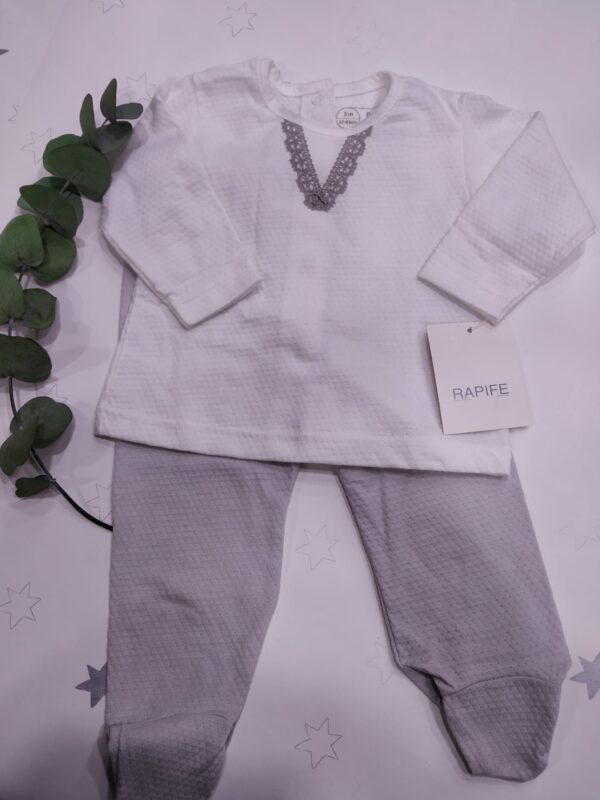 Conjunto Bebe recien 2 piezas jubon y polaina Gris 5618 algodon peinado manga larga bebe Rapife hecho en España