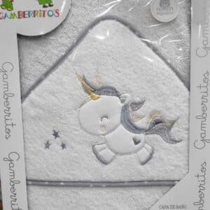 TOALLITA BEBE CAPA DE BAÑO CON CAPUCHA GAMBERRITOS 310217 UNICORNIO corazon Blanco /GRIS TOALLA ALGODON  100 X 100 CM