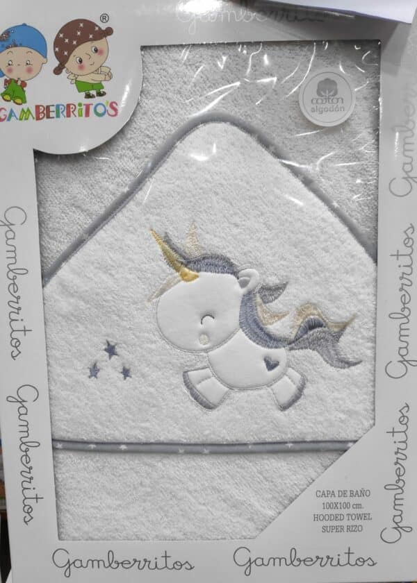 TOALLITA BEBE CAPA DE BAÑO CON CAPUCHA GAMBERRITOS 310217 UNICORNIO corazon Blanco /GRIS TOALLA ALGODON  100 X 100 CM