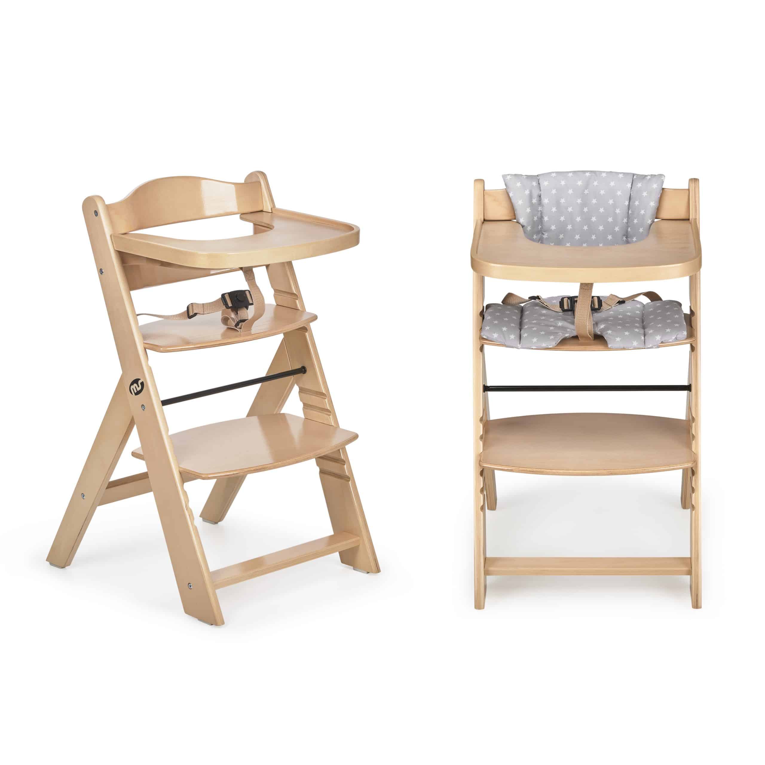 Ezebaby Trona de madera de haya para niños, silla de profesor de 6 niveles  de altura regulable, estable y segura hasta 90 kg para niños y adultos  (Color madera con cojín) 