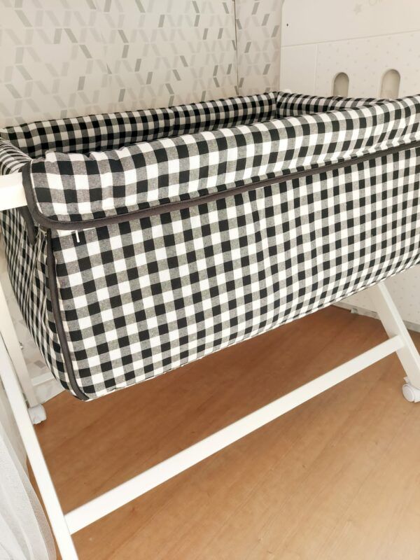 MINICUNA CUADRITOS VICHY NEGRO PLEGADO TIJERA MADERA BEBE NIÑOA